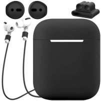 Практичен комплект за AirPods 1 / 2: каишка против изгубване + силиконов калъф + поставка с възможност за прикрепяне + покрития за слушалките - черна