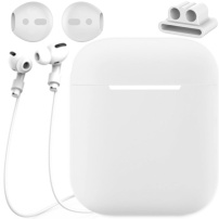 Практичен комплект за AirPods 1 / 2: каишка против изгубване + силиконов калъф + поставка с възможност за прикрепяне + покрития за слушалките - бяла