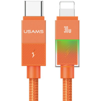 USAMS SJ776 оплетен кабел за зареждане и данни с подсветка - USB-C към Lightning - 1,2 m - оранжев