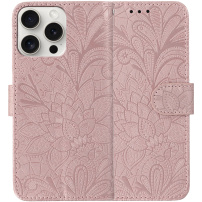 Флип калъф с дантелен десен за iPhone 16 Pro Max - розов