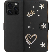 Флип калъф с перли и камъчета за iPhone 16 Pro Max - черен