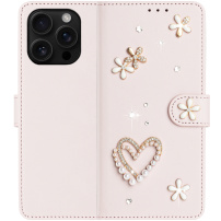 Флип калъф с перли и камъни за iPhone 16 Pro Max - розов