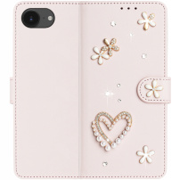Флип калъф с перли и камъчета за iPhone 16e / 17e - розов