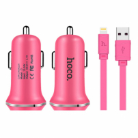 HOCO зарядно за кола с два USB порта + lightning конектор за Apple iPhone / iPad / iPod - розова