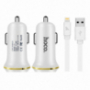 HOCO зарядно за кола с два USB порта + Lightning конектор за Apple iPhone / iPad / iPod - бяло