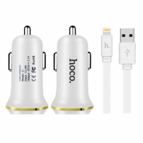 HOCO зарядно за кола с два USB порта + Lightning конектор за Apple iPhone / iPad / iPod - бяло