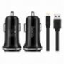 HOCO зарядно за кола с два USB порта + Lightning конектор за Apple iPhone / iPad / iPod - черно
