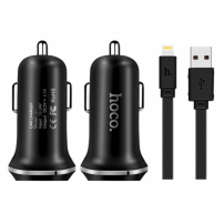 HOCO зарядно за кола с два USB порта + Lightning конектор за Apple iPhone / iPad / iPod - черно