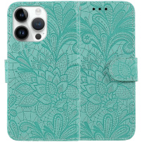Флип калъф с десен на дантела за iPhone 13 Pro - тюркоазено
