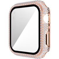Калъф с камъчета със закалено стъкло за Apple Watch 42mm - златно розово