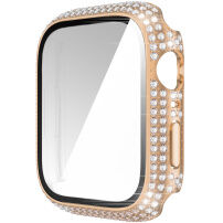 Калъф с камъчета със закалено стъкло за Apple Watch 45mm - златно розово