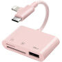 3в1 редукция с четец на карти - слот за SD / TF карта / USB-A към USB-C / Lightning - розова