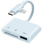 3в1 редукция с четец за карти - слот за SD / TF карта / USB-A към USB-C / Lightning - синя