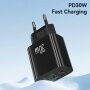 USAMS CC316 GaN Зарядно за бързо зареждане с портове USB-C / USB-A - 30W - бял