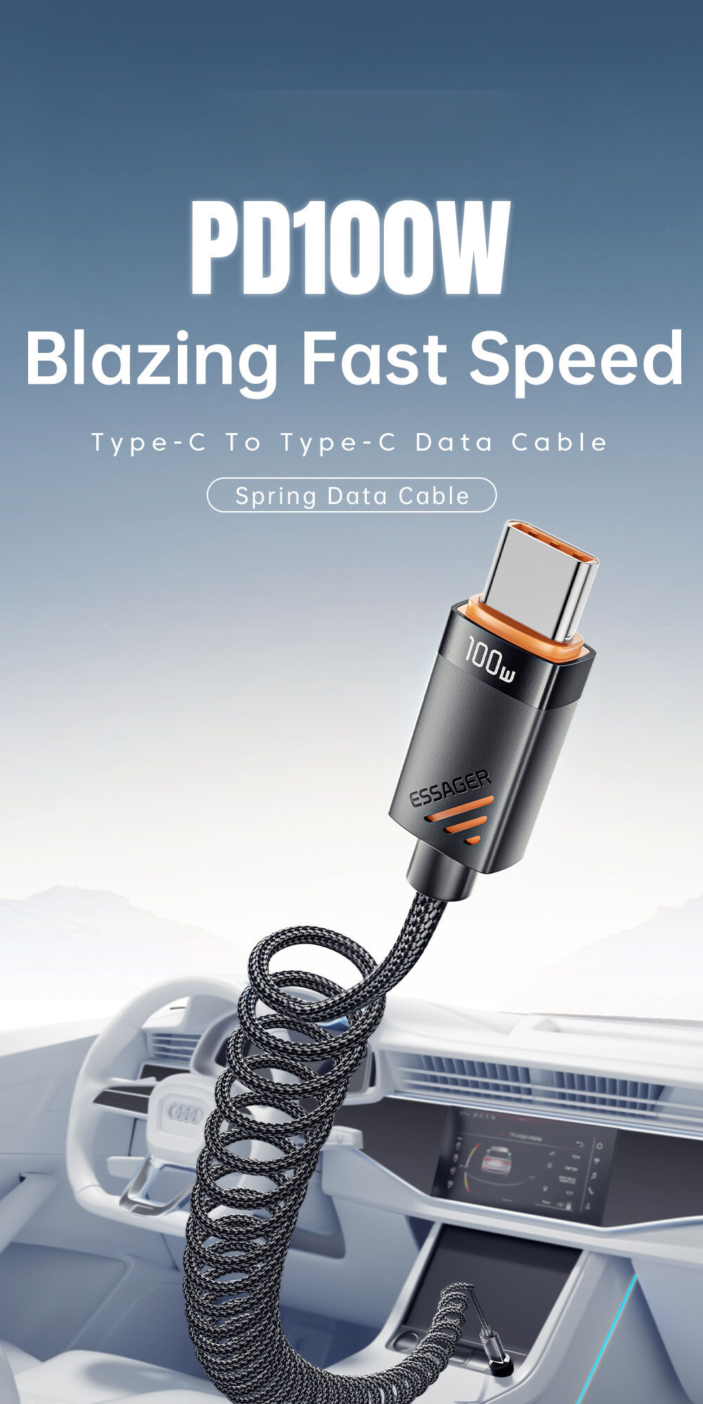 ESSAGER спираловиден оплетен Кабел за зареждане и данни - USB-C към USB-C - 1,8 m - черен ESSAGER спираловиден оплетен Кабел за зареждане и данни - USB-C към USB-C - 1,8 m - черен