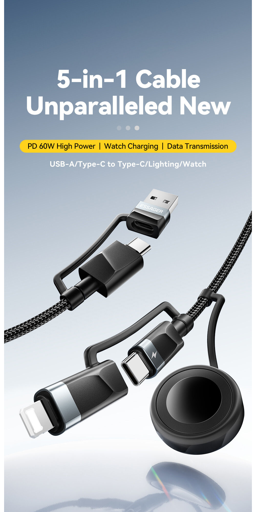 ESSAGER 3в1 универсален оплетен кабел за зареждане и данни - USB-C / USB-A към магнитна шайба / USB-C / Lightning - 2 m - черен ESSAGER 3в1 универсален оплетен кабел за зареждане и данни - USB-C / USB-A към магнитна шайба / USB-C / Lightning - 2 m - черен
