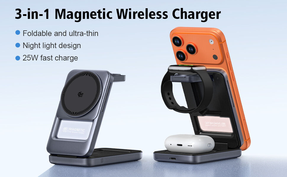 Q29 Qi2.2 3v1 сгъваема магнитна безжична Стойка за iPhone / Apple Watch / AirPods - 25W - бяла
