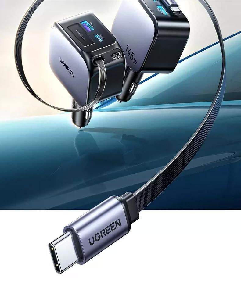 UGREEN EC604 комплект зарядно устройство за кола с портове 2x USB-C / USB-A и прибиращ се Кабел USB-C - 145W - 70 cm - сиво