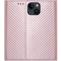 Флип калъф с мотив на въглеродни влакна за iPhone 14 - златно розово