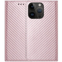 Флип калъф с мотив на въглеродни влакна за iPhone 13 Pro - златно розово
