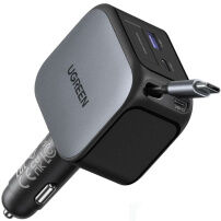 UGREEN EC604 комплект зарядно устройство за кола с портове 2x USB-C / USB-A и прибиращ се Кабел USB-C - 145W - 70 cm - сиво