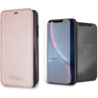 Guess Bundle калъф и закалено стъкло за iPhone XR – златно-розов