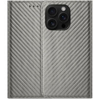 Калъф тип тефтер с десен от въглеродни влакна за iPhone 16 Pro Max - сив