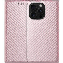 Калъф тип флип с десен на карбонови влакна за iPhone 16 Pro Max - розов