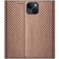 Калъф тип флип с десен на карбонови нишки за iPhone 15 - кафяв
